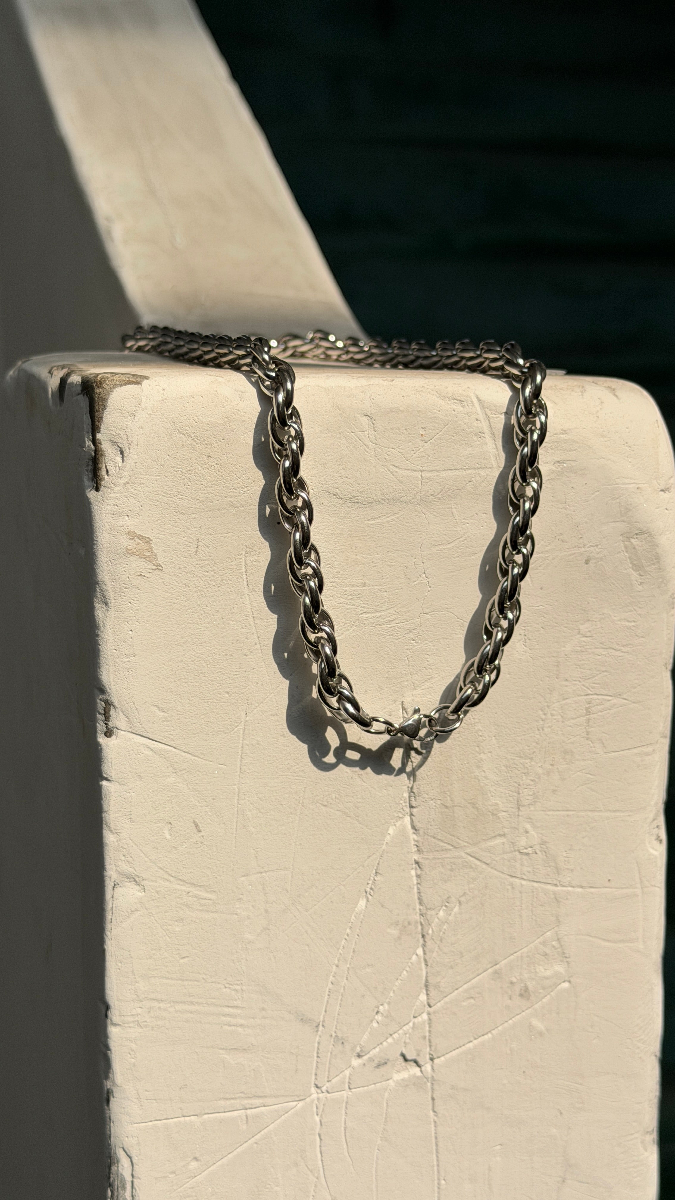7mm Braided Twisted Silver Link Chain Necklace, 55cm