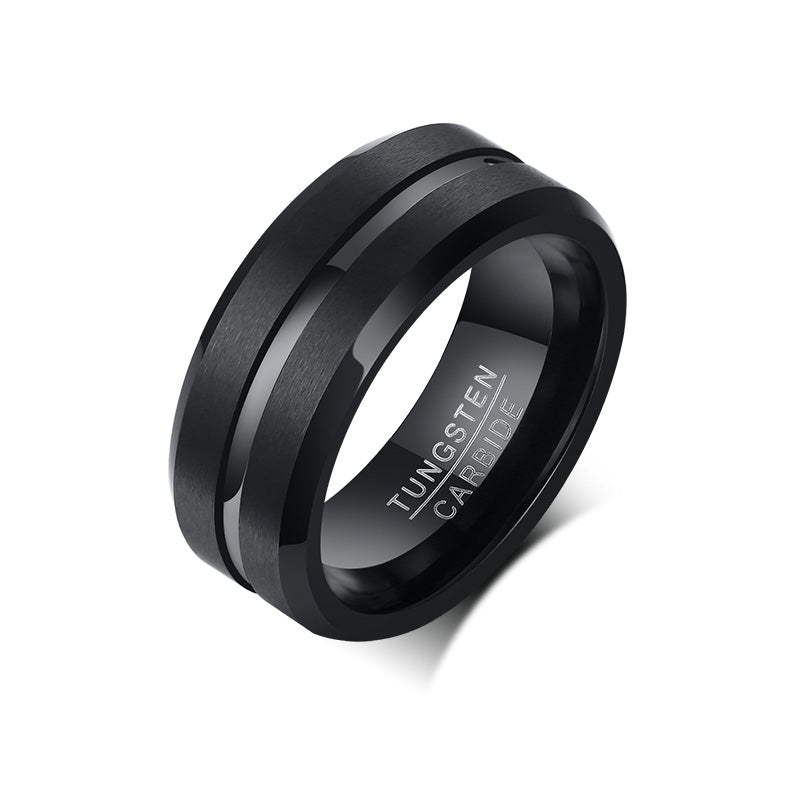 Men's Tungsten Ring - Brushed Black with Etched Center, 8.5mm – Stainless Steel Jewelry – Chain Supplyy