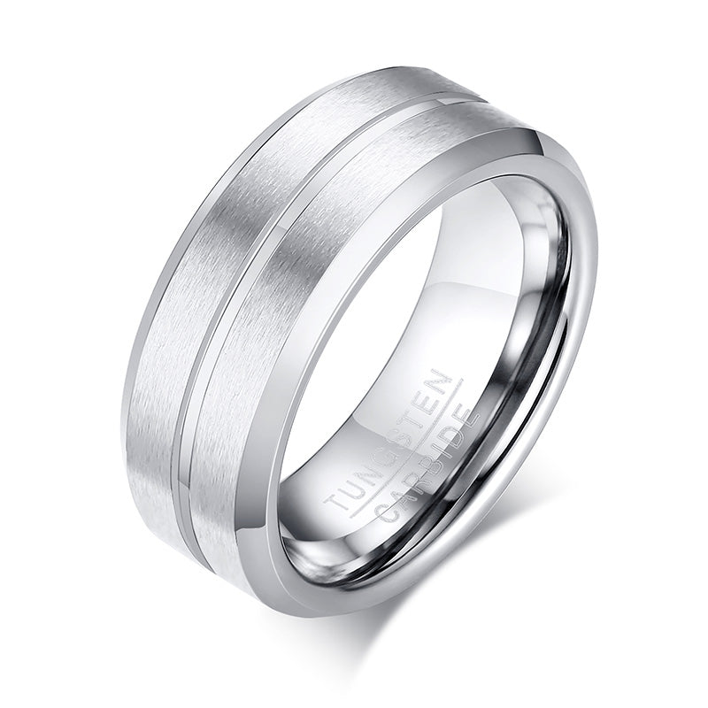 Men's Tungsten Ring - Brushed Silver Etched Center, 8.5mm – Stainless Steel Jewelry – Chain Supplyy