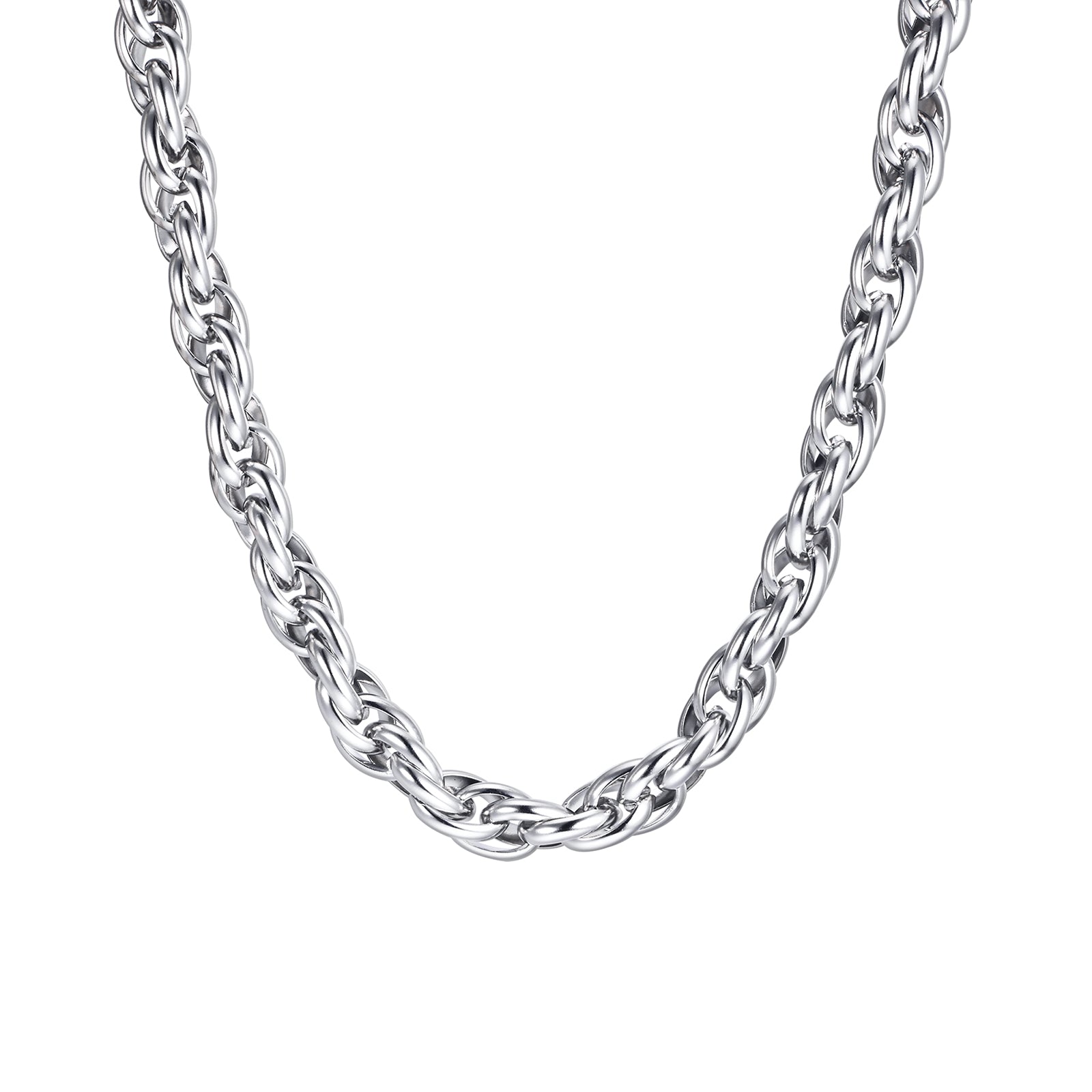 7mm Braided Twisted Silver Link Chain Necklace, 55cm