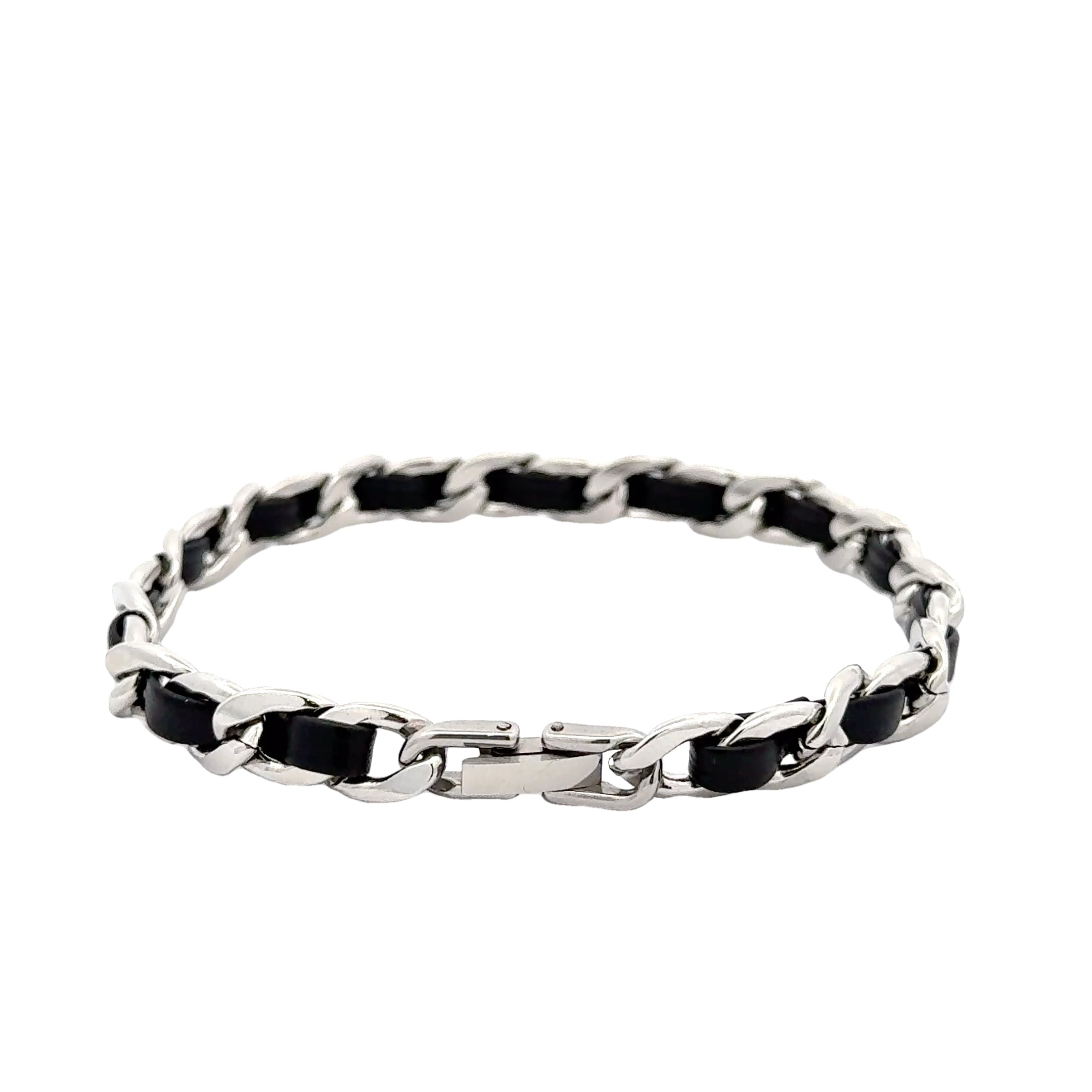 Men's Curb Chain Bracelet with Interwoven Leather, 7.5mm