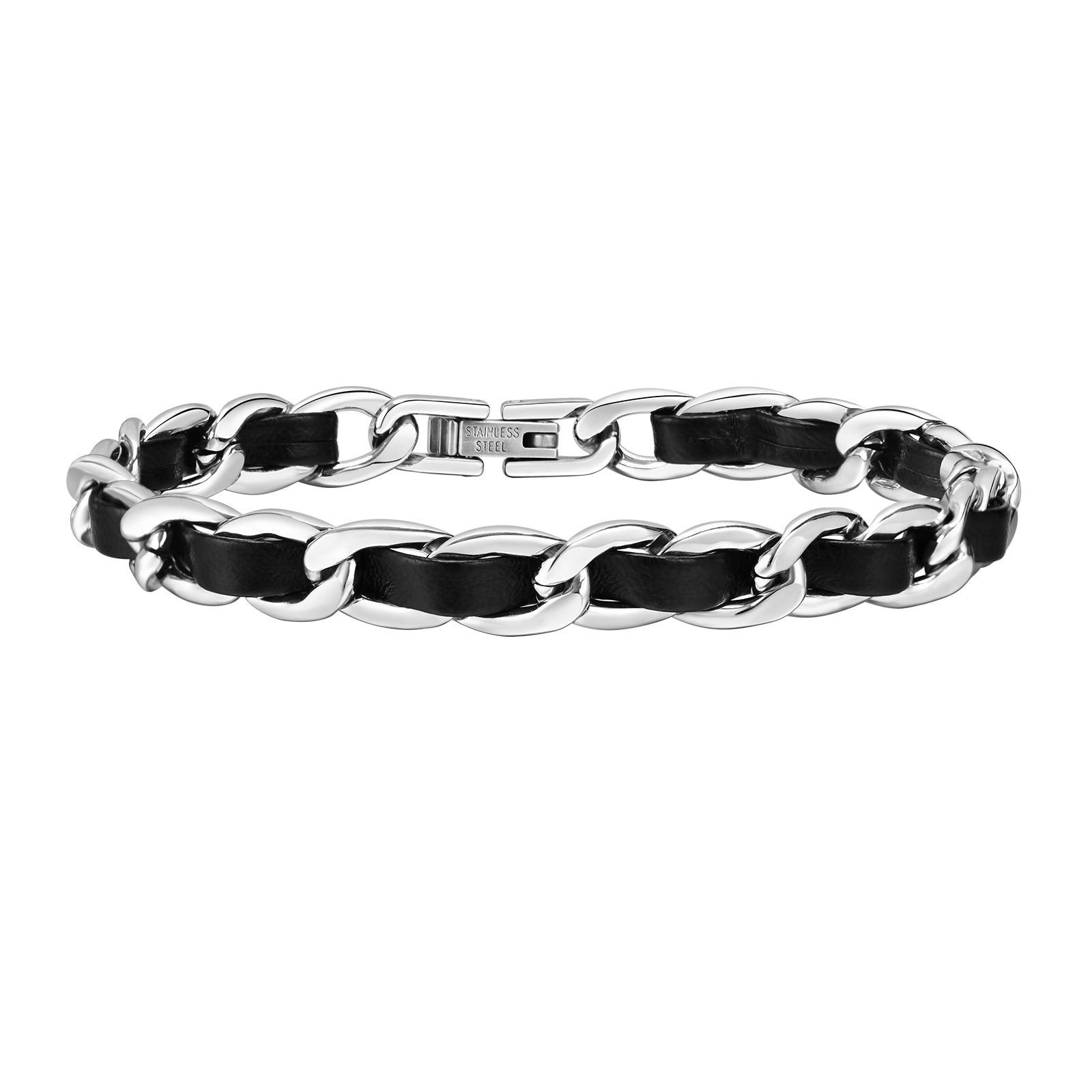 Men's Curb Chain Bracelet with Interwoven Leather, 7.5mm – Stainless Steel Jewelry – Chain Supplyy
