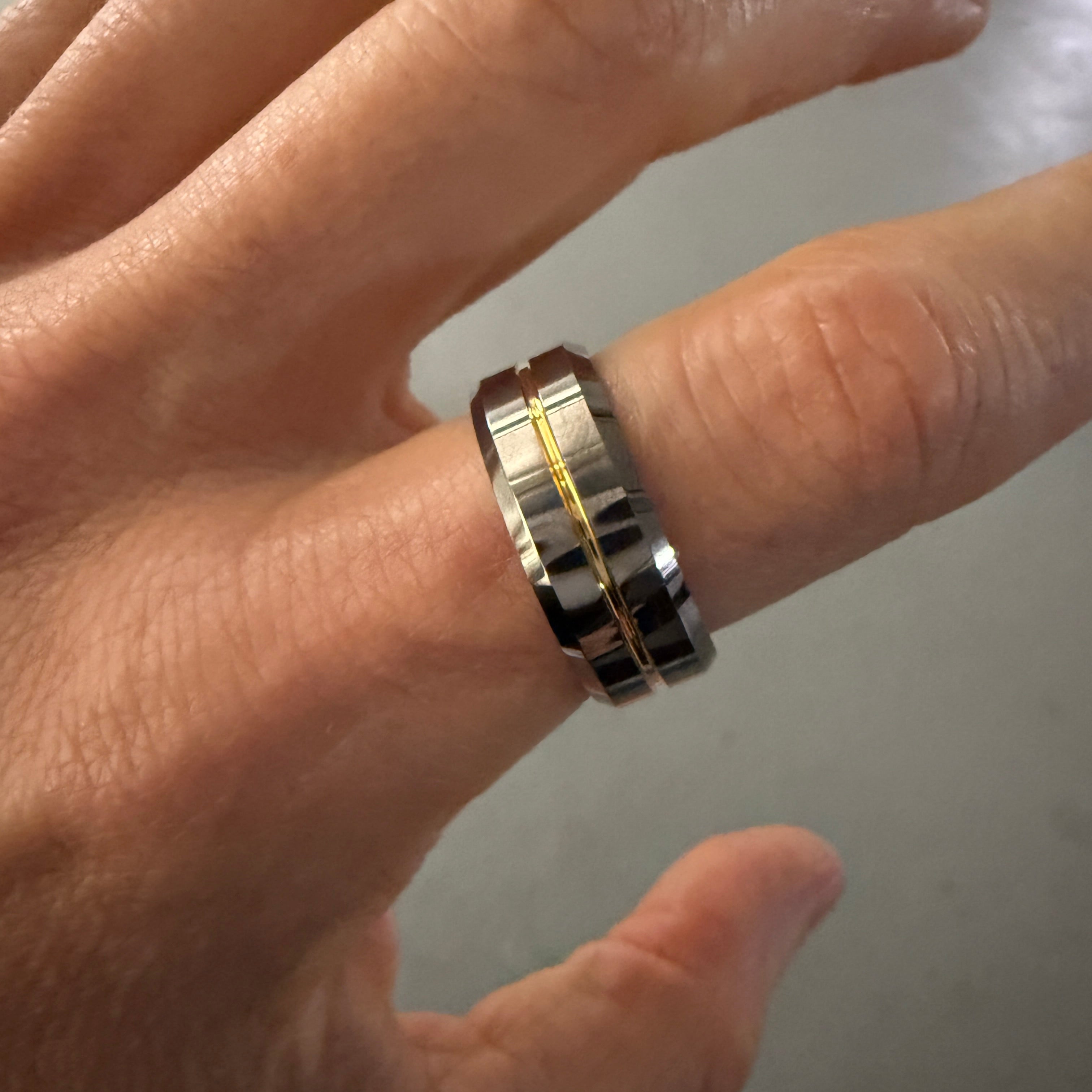 Men's Tungsten Ring - Polished Silver with Etched Gold Center, 8.5mm