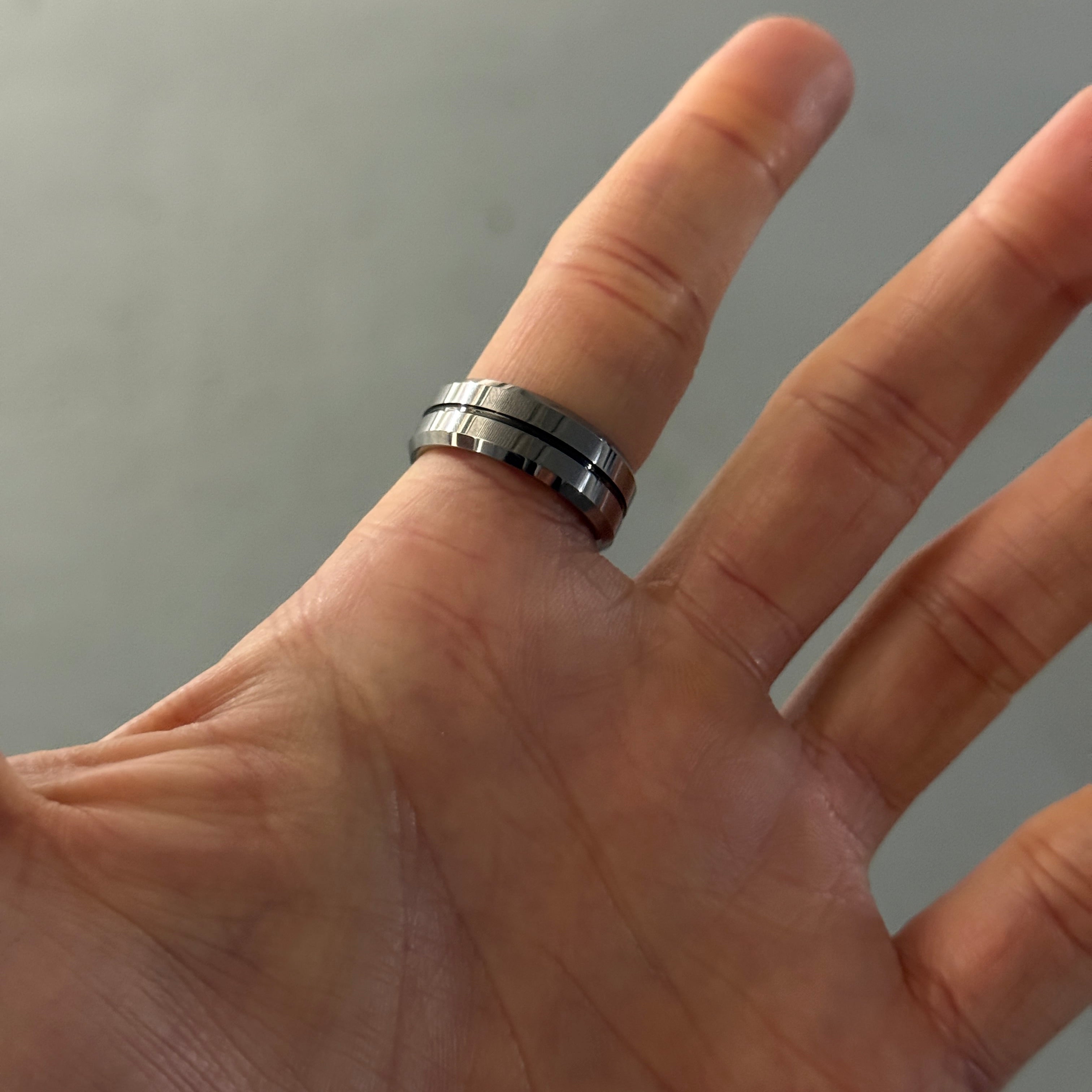 Men's Tungsten Ring - Polished Silver with Etched Black Center, 8.5mm