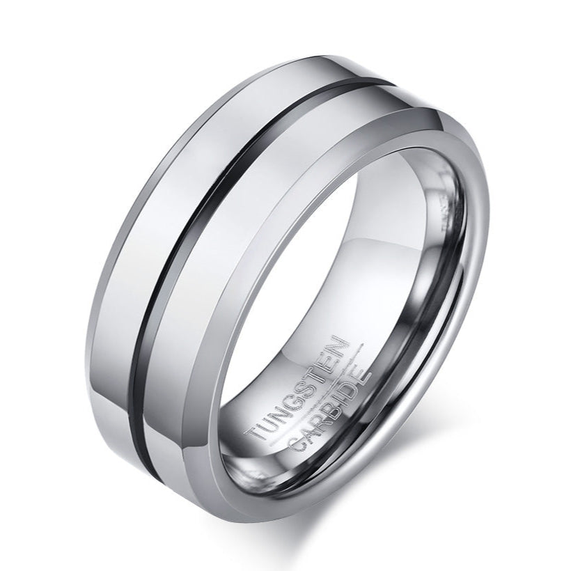 Men's Tungsten Ring - Polished Silver with Etched Black Center, 8.5mm – Stainless Steel Jewelry – Chain Supplyy