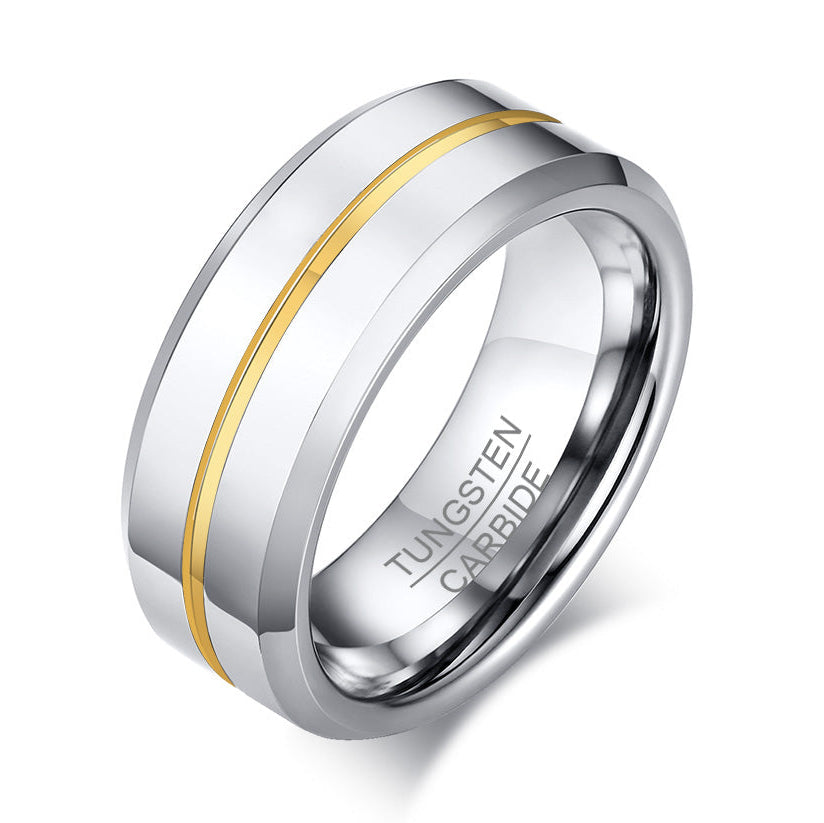 Men's Tungsten Ring - Polished Silver with Etched Gold Center, 8.5mm – Stainless Steel Jewelry – Chain Supplyy