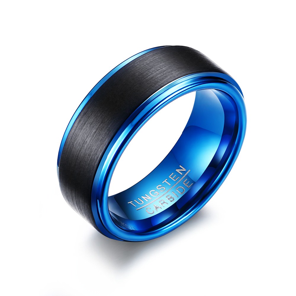 Men's Tungsten Ring - Brushed Black with Electric Blue, 8mm – Stainless Steel Jewelry – Chain Supplyy