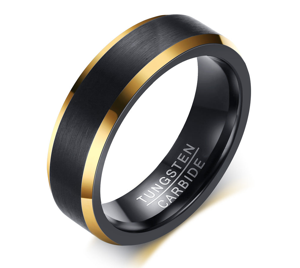 Men's Tungsten Ring - Brushed Black with Gold, 6mm – Stainless Steel Jewelry – Chain Supplyy