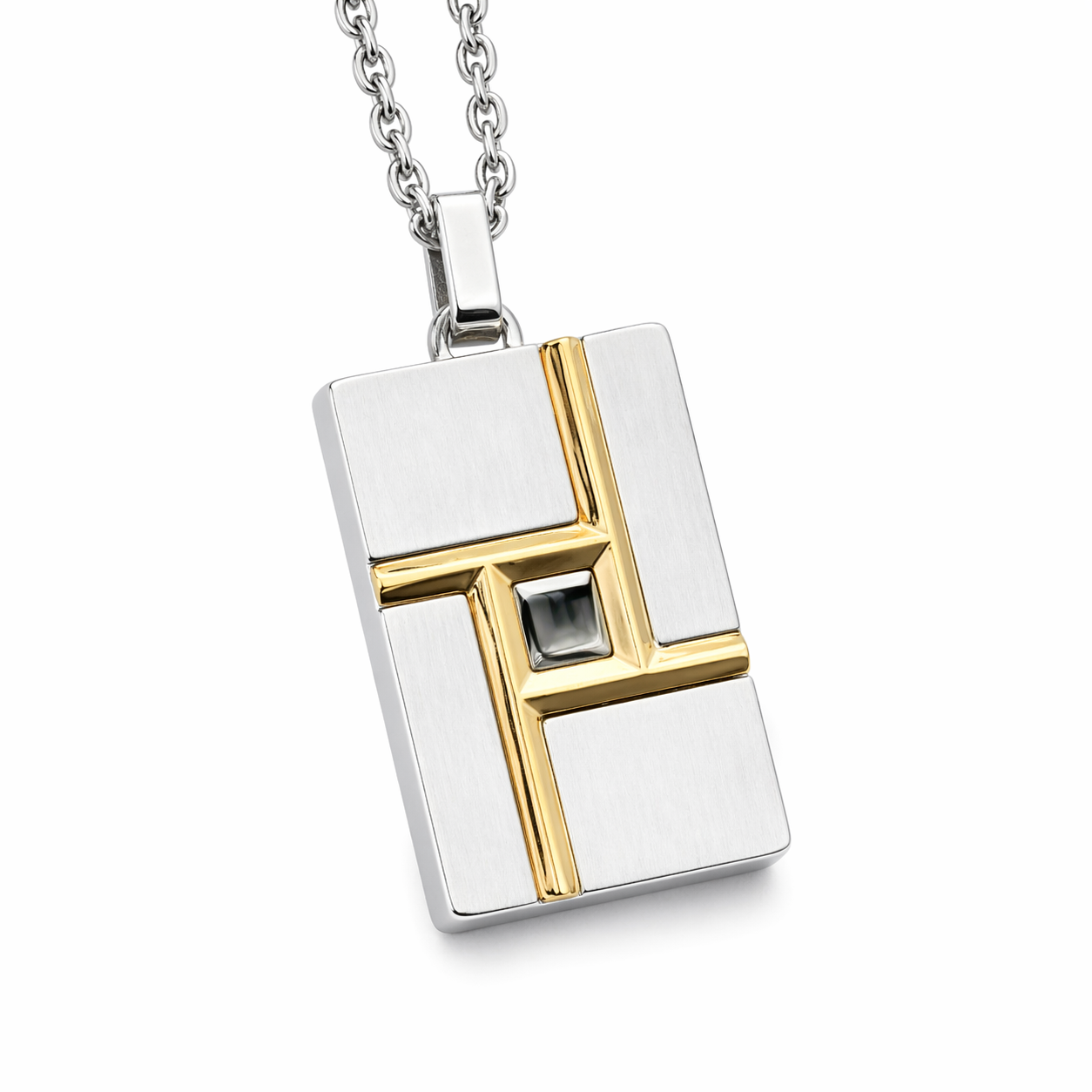 Architectural Cross Tag Pendant — Steel / Gold
