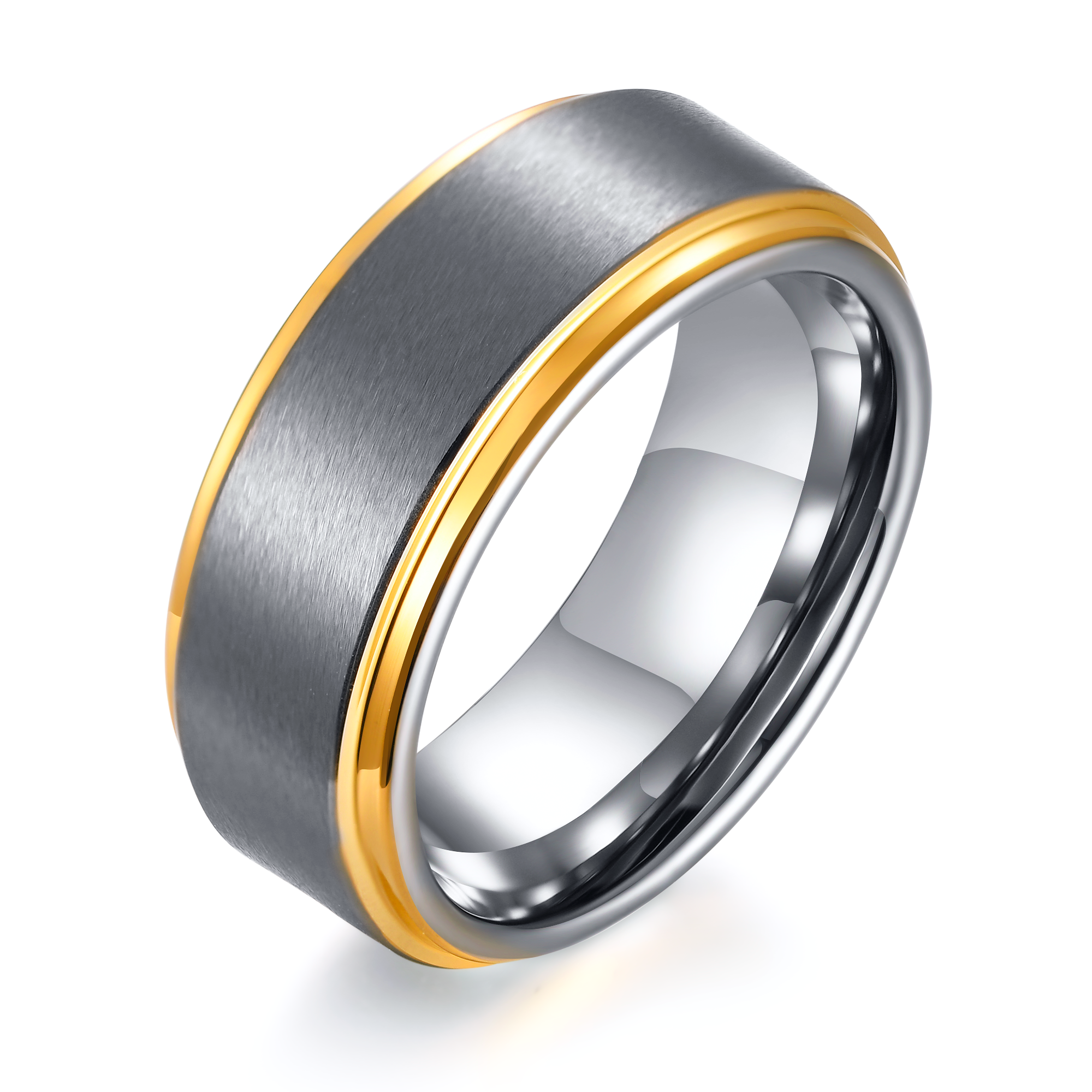 Men's Tungsten Ring - Brushed Grey with Gold Accents, 8mm – Stainless Steel Jewelry – Chain Supplyy